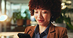 Woman, phone and financial feedback in office, reading email and plan for sustainable funding. Online, networking and person with message for account update, review budget and chat with investor