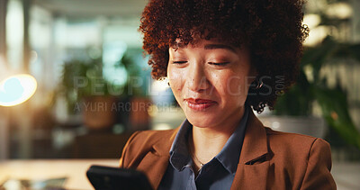 Buy stock photo Woman, phone and financial feedback in office, reading email and plan for sustainable funding. Online, networking and person with message for account update, review budget and chat with investor