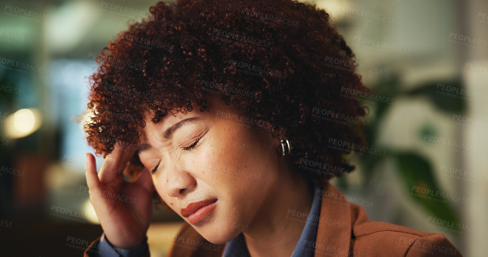 Buy stock photo Night, headache or woman with pain in office for overtime or submission pressure with fatigue. Overworked, stress or exhausted writer with migraine, burnout or project deadline in journalism agency