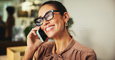 Buy stock photo Woman, phone call and financial feedback in office, discussion and planning for company funding. Online, networking and communication for account update, review budget and chat brief with investor