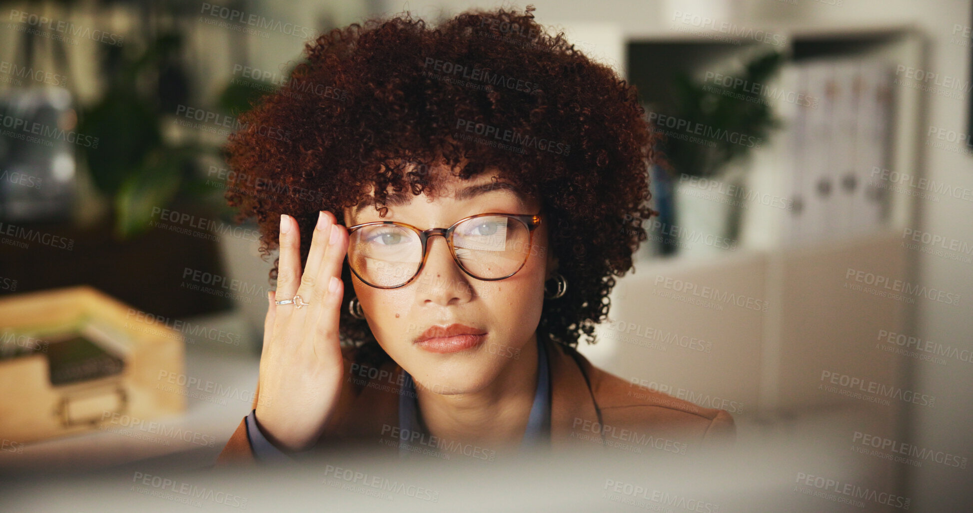 Buy stock photo Business, woman and focus on computer with glasses for stock exchange research and reading economy news. Crypto trader, person and pc with vision for financial investment and market trends in office