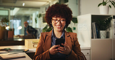 Buy stock photo Mobile, night and business woman in office for financial coverage, sales or client quote. Phone, overtime and happy worker networking, communication or insurance broker on chat app for policy review