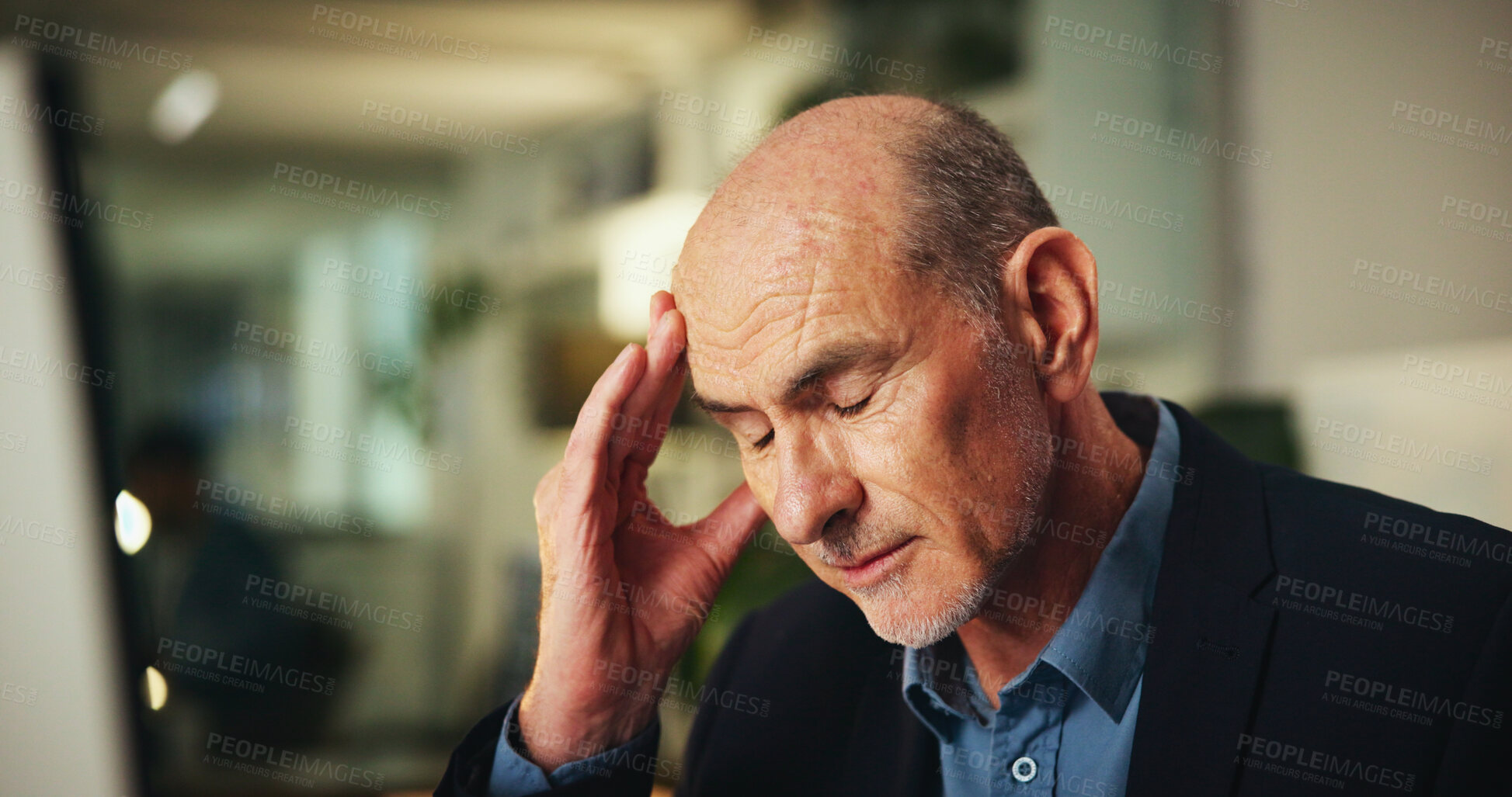 Buy stock photo Night, headache or mature man in office with stress for overtime or submission pressure with fatigue. Overworked, exhausted or writer with migraine pain, burnout or project deadline in journalism