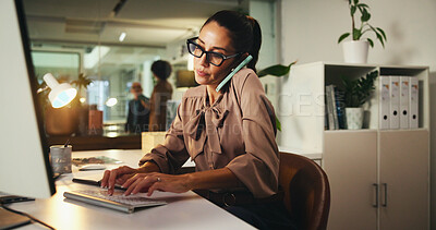 Buy stock photo Woman, phone call and computer for typing in office, schedule meeting and digital notes. Online, networking and person with email for account update, review budget and chat with investor for funding