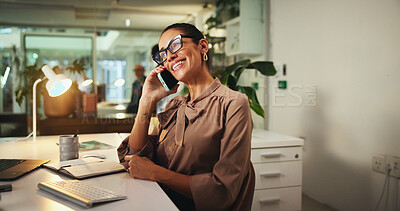 Buy stock photo Woman, phone call and financial feedback in office, collaboration and plan for sustainable funding. Online, networking and communication for account update, review budget and chat with investor