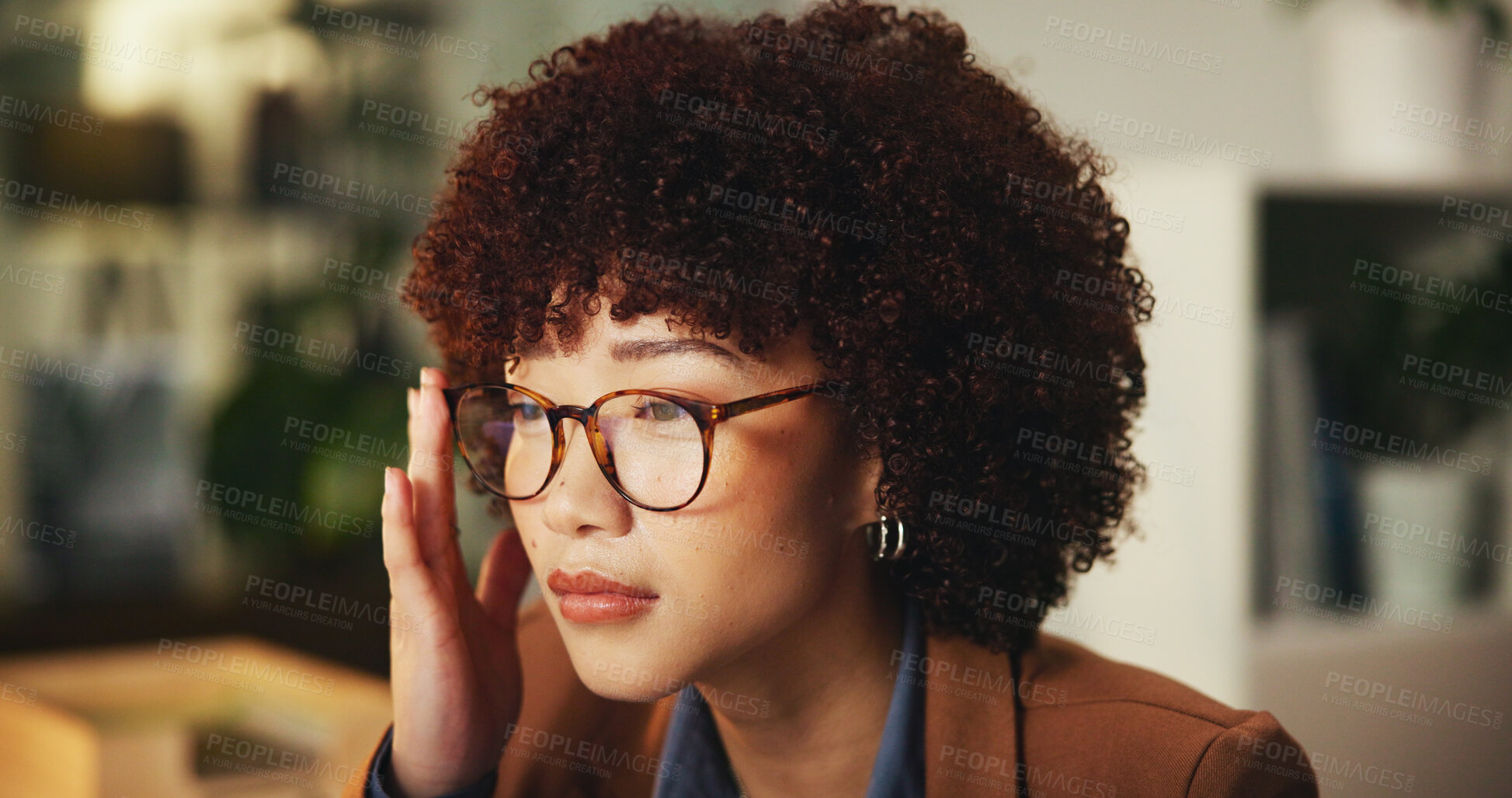 Buy stock photo Business, woman and focus with glasses in office for stock exchange research, concentration and economy news. Night trader, person and vision for financial investment, trading ideas and market trends