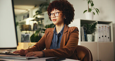 Buy stock photo Computer, research and typing with business woman in office for sustainability consultant, planning and report. Environmental audit, corporate social responsibility and energy solutions with person