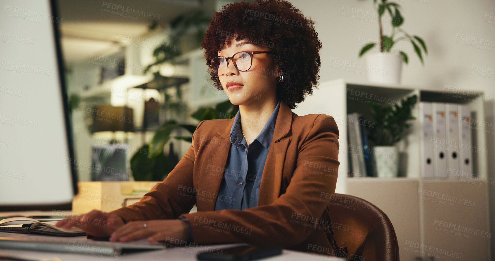 Buy stock photo Computer, research and typing with business woman in office for sustainability consultant, planning and report. Environmental audit, corporate social responsibility and energy solutions with person