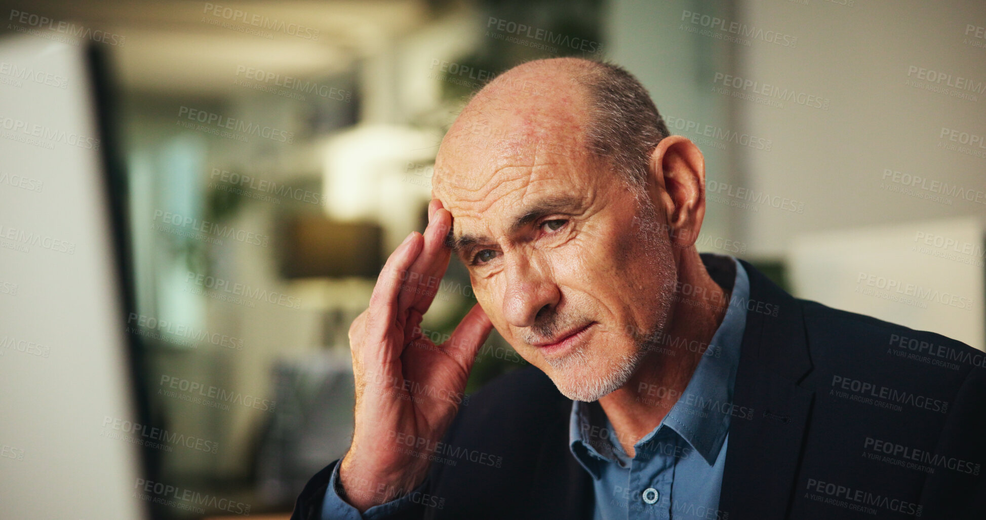 Buy stock photo Night, headache or mature man on computer with burnout for overtime or submission pressure with fatigue. Overworked, exhausted or writer with migraine pain, stress or project deadline in journalism