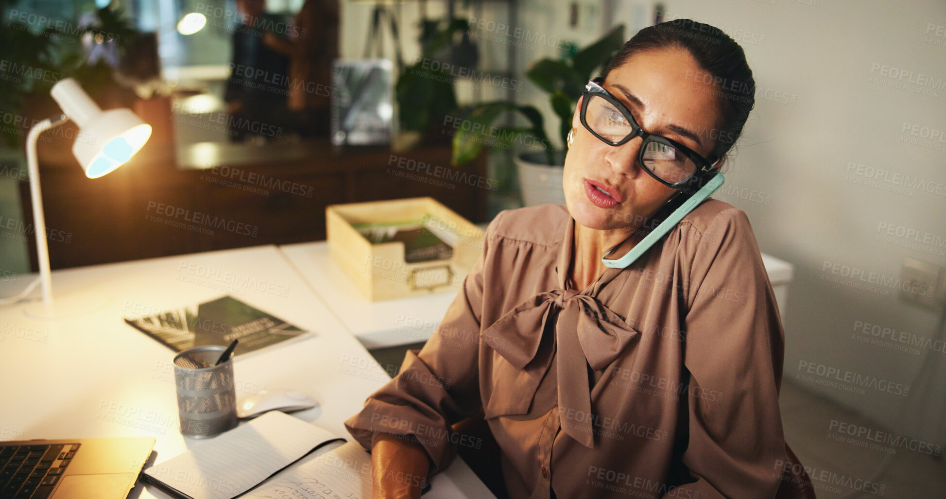 Buy stock photo Woman, phone call and financial discussion in office, collaboration and plan for sustainable funding. Online, networking and communication for account update, review budget and chat with investor