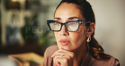 Buy stock photo Thinking, glasses and reading with business woman in office for art critic, blog article inspiration and reflection. Galley opinion, writer and brainstorming review with person in media agency