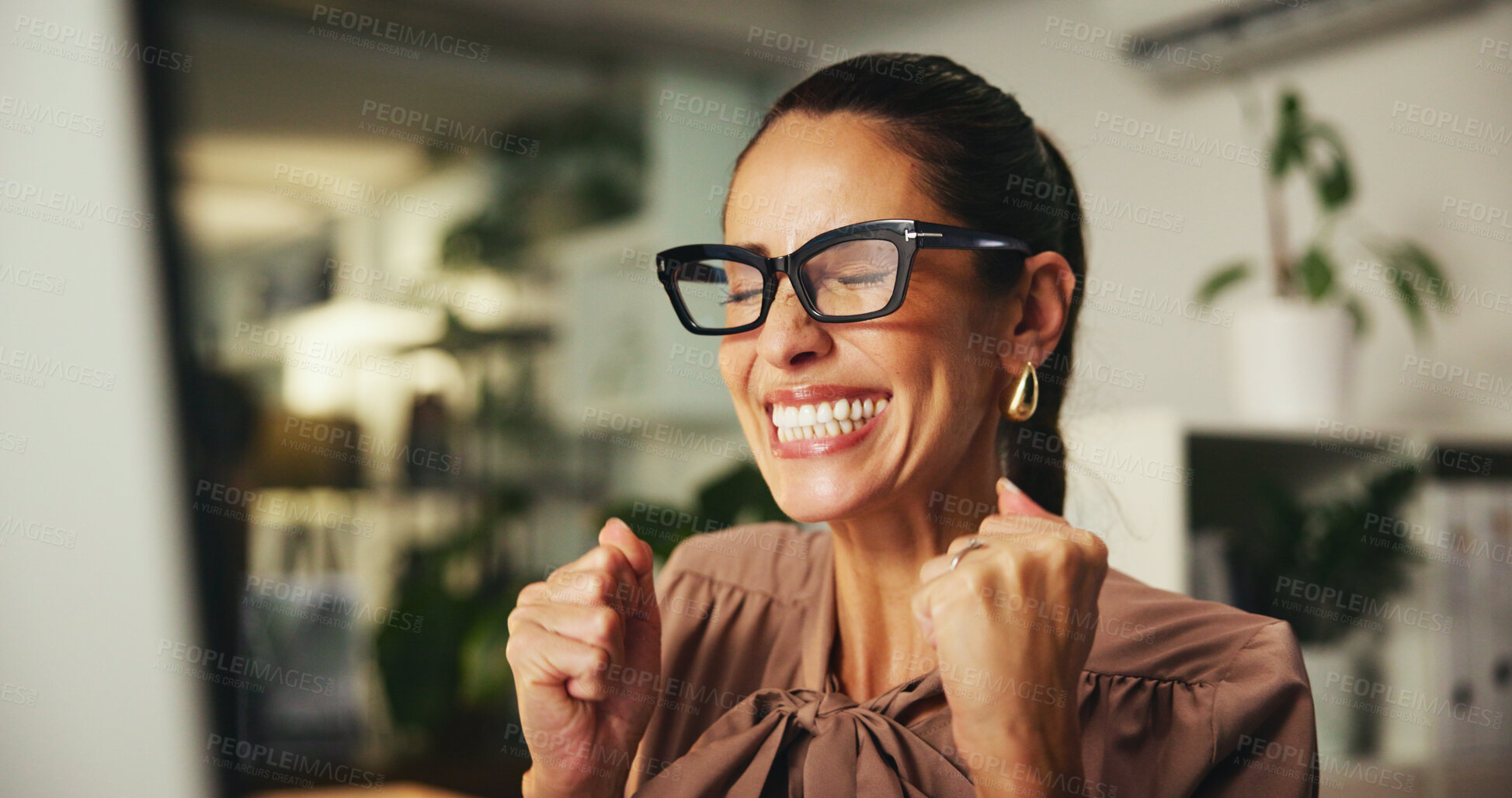 Buy stock photo Woman, fist pump and computer for celebration in office, winning competition and salary bonus. Success, financial profit and stock market revenue interest in workplace, investment increase and happy