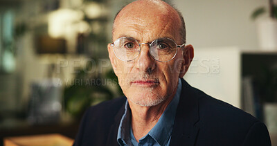 Buy stock photo Office, mature and businessman with glasses in portrait, project progress and company growth. Workplace, male person and risk management consultant with deadline for financial operation or regulatory