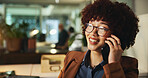 Phone call, night and business woman in office for schedule update, contact or lead generation. Mobile, sales broker or happy worker in communication, networking or listen to client quote on overtime