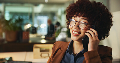 Buy stock photo Phone call, night and business woman in office for schedule update, contact or lead generation. Mobile, sales broker or happy worker in communication, networking or listen to client quote on overtime