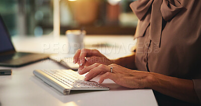 Buy stock photo Night, business and hands of woman typing for email, connectivity or research at office tech. Journalist, wireless keyboard or editing in workplace for article deadline, creative writing or resources