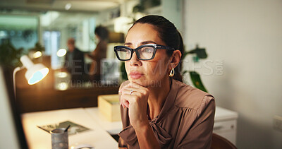 Buy stock photo Thinking, planning and reading with business woman in office for art critic, blog article inspiration or reflection. Gallery opinion, writer and brainstorming review with person and computer at night