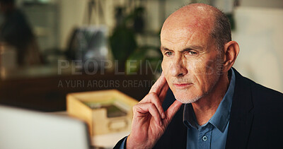 Buy stock photo Thinking, computer and reading with business man in office for art critic, blog article inspiration and reflection. Gallery opinion, writer and brainstorming review with mature person in media agency
