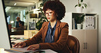 Office, businesswoman and night with computer for typing, article structure and journalist for publication. Workplace female person and content writer with deadline for news story, blog and reading