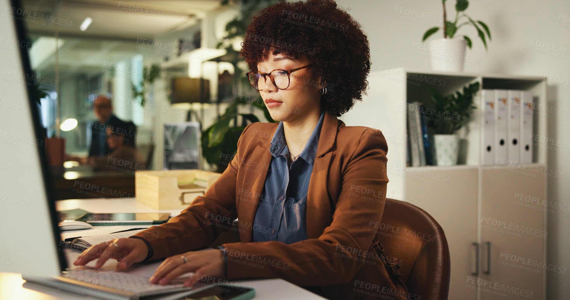 Buy stock photo Office, businesswoman and night with computer for typing, article structure and journalist for publication. Workplace female person and content writer with deadline for news story, blog and reading