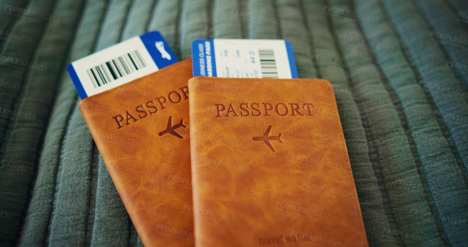 Buy stock photo Passport, travel tickets and documents for flight booking, international trip and vacation. Empty, identity and paperwork with immigration journey, visa or information with boarding permit or tourism