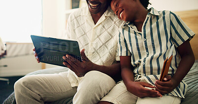 Buy stock photo Ticket, passport and family with smile for tablet, online booking and checking flight for travel. Home, black people and father with digital for checkin app, boarding pass or kid for vacation holiday