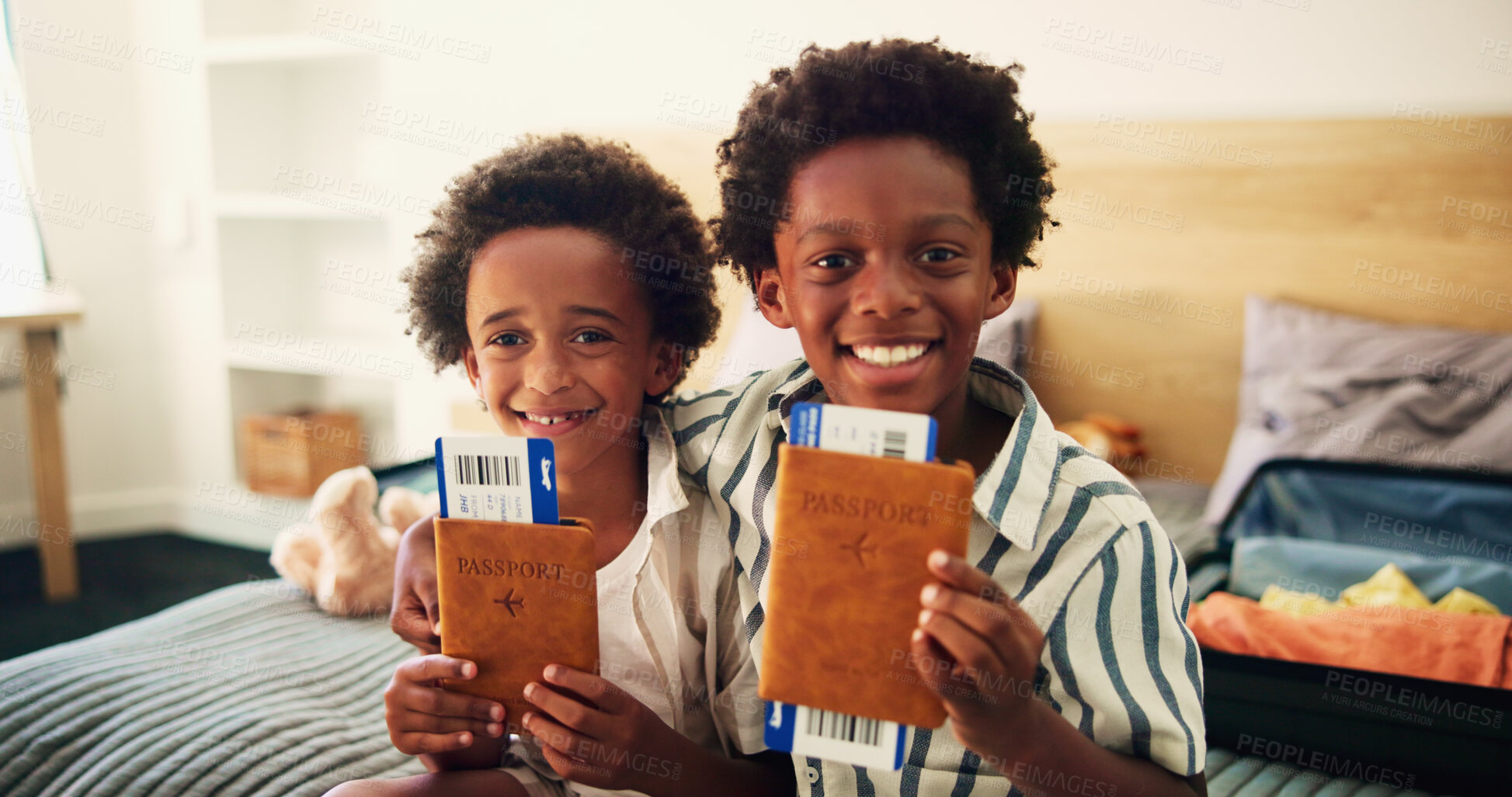 Buy stock photo Hug, children and ticket with passport in portrait, travel holiday and bonding together at home. African family, boys and siblings with boarding pass for vacation, getaway and happiness in house
