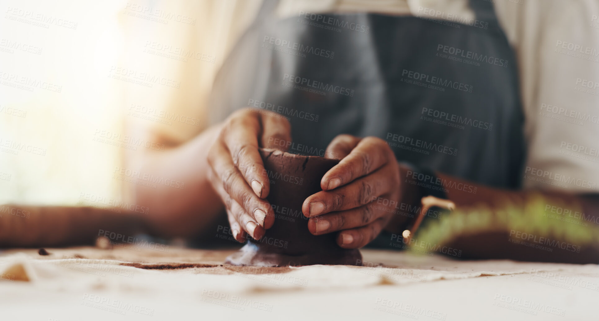 Buy stock photo Woman, hands and pottery in clay studio, workshop and art process for handmade ceramic design. Craft, hobby and artist talent with fun, artwork and smile in creative class for sculpture learning