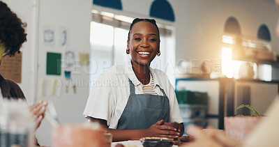 Buy stock photo Woman, portrait and smile in pottery studio, workshop and art process for handmade ceramic design. Craft, hobby and clay artist with fun, artwork and smile in creative class for sculpture learning