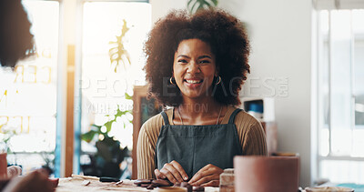 Buy stock photo Woman, portrait and pottery in craft studio, workshop and art process for handmade ceramic design. Clay, hobby and happy artist with fun, artwork and smile in creative class for sculpture learning