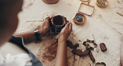 Buy stock photo Pottery, mold and hands of person in studio for sculpture, manufacturing and artist workshop. Ceramics class, clay and creative design with closeup of artisan in handicraft store for mud and hobby
