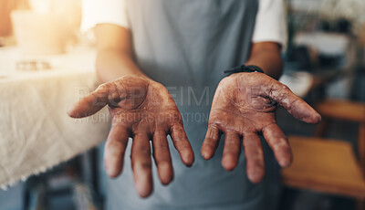 Buy stock photo Pottery, clay and hands of person in studio for sculpture, manufacturing and artist workshop. Ceramics class, mold and creative design with closeup of artisan in handicraft store for mud and hobby
