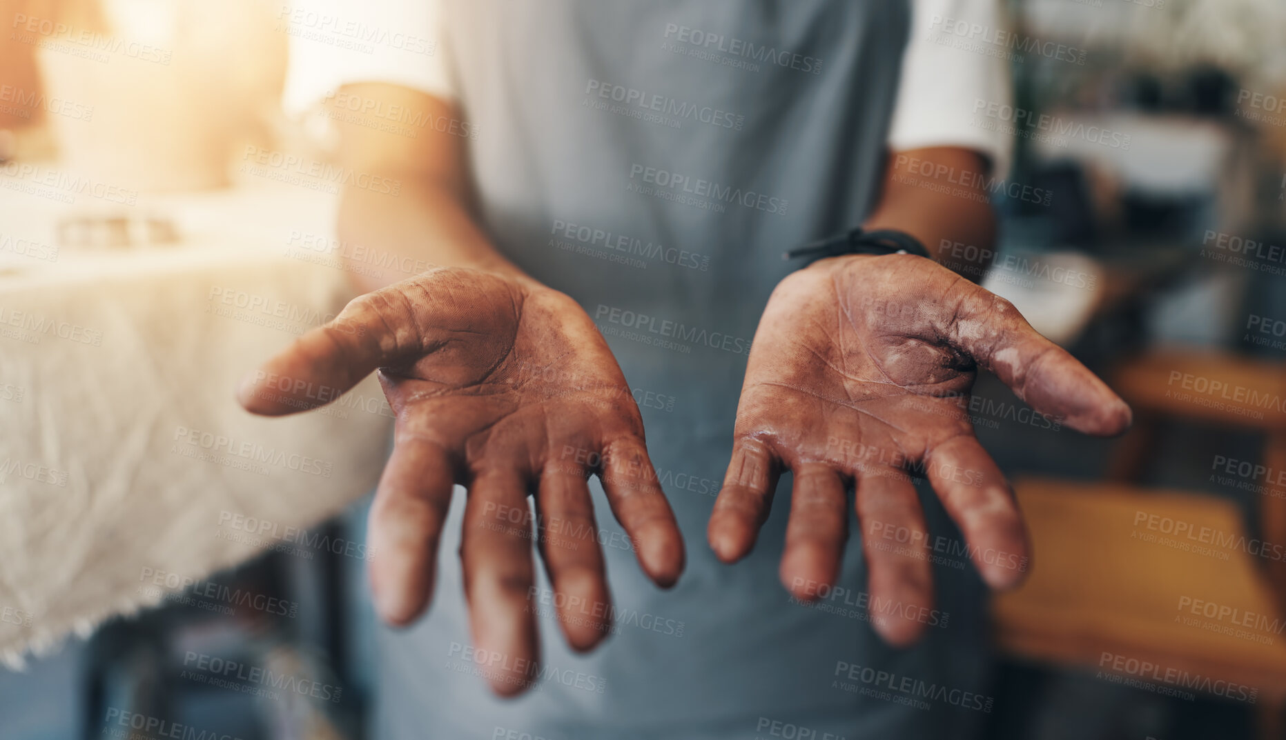 Buy stock photo Pottery, clay and hands of person in studio for sculpture, manufacturing and artist workshop. Ceramics class, mold and creative design with closeup of artisan in handicraft store for mud and hobby