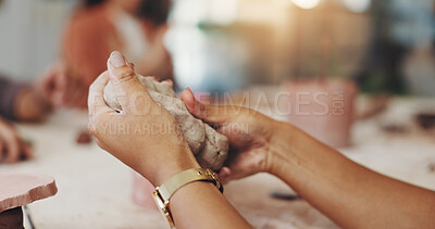Buy stock photo Ceramics, clay and hands of person in studio for sculpture, manufacturing and artist workshop. Pottery class, mold and creative design with closeup of artisan in handicraft store for mud and hobby
