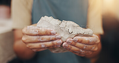 Buy stock photo Pottery, hobby and hands of person in studio for sculpture, manufacturing and artist workshop. Ceramics class, mold and creative design with closeup of artisan in handicraft store for mud and clay