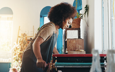 Buy stock photo Pottery, creative or woman with equipment on table for sculpture for molding tools, production or art. Ceramics, clay workshop or female artist in small business with hobby, design or craft project