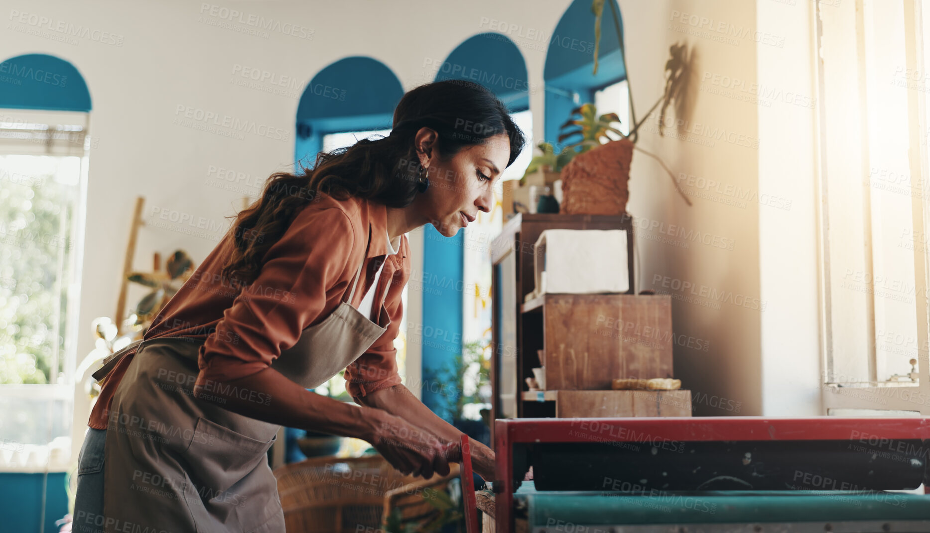 Buy stock photo Pottery, startup or woman with equipment on table for sculpture for molding tools, production or art. Ceramics, clay workshop or female artist in small business with hobby, design or craft project 