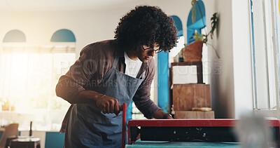 Buy stock photo Pottery, startup or man with equipment on table for sculpture for molding tools, production or art. Ceramics, clay workshop and male artist in small business with hobby, design and crafts project