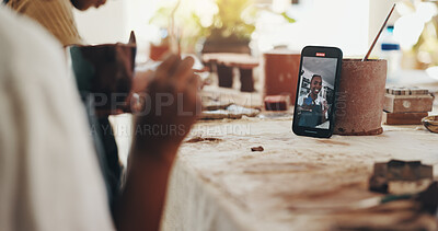 Buy stock photo Black woman, phone screen and pottery with video recording for vlog, ceramic tutorial or crafting lesson at workshop. Hands, female person or artisan with smile for DIY, online art or virtual class