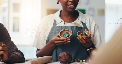 Buy stock photo Woman, hands and clay for pottery at workshop, color options and teaching skills at class. Instructor, mold sculpture and learning textures for creativity, artist and mentoring for ceramics crafts