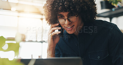 Buy stock photo Businessman, laptop and pottery shop with phone call for online order, customer service or inventory at cafe. Man, employee or consultant with smile on mobile smartphone for small business startup
