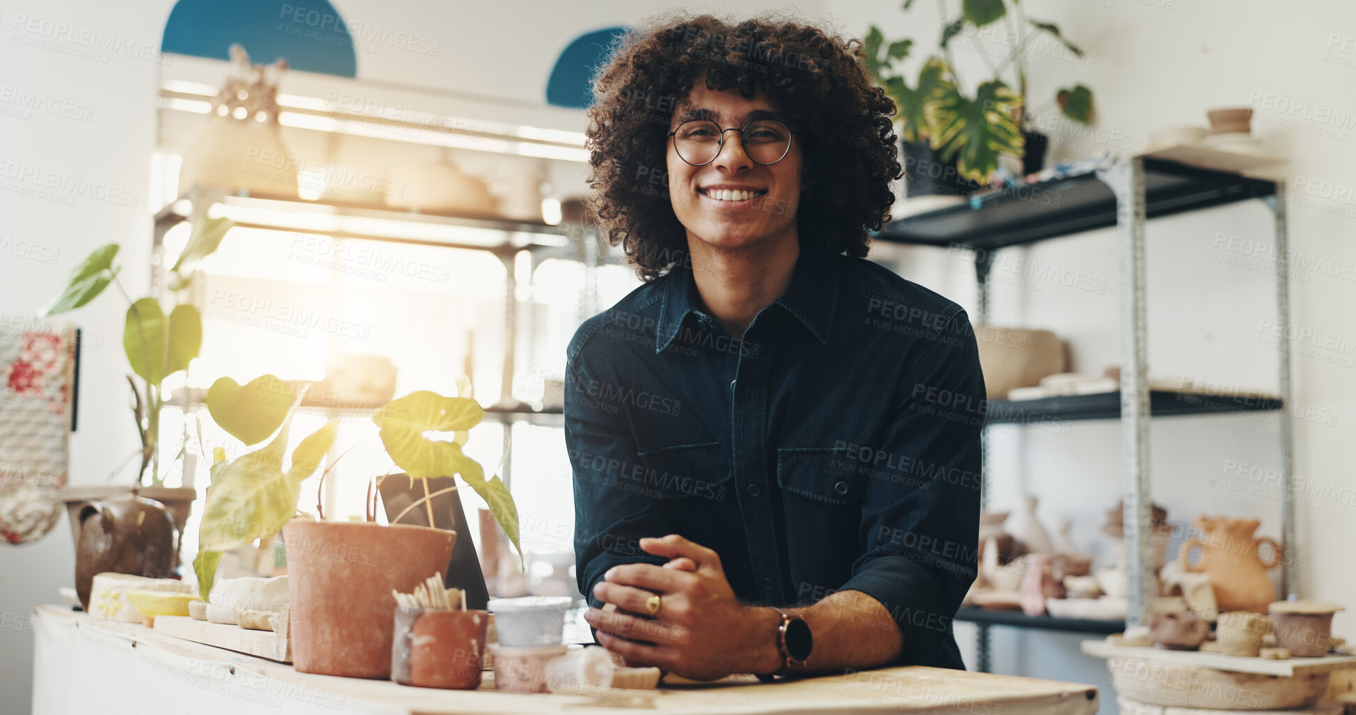 Buy stock photo Pottery portrait, man and smile in small business for product manufacturing, ceramics workshop and creative store. Production, person and happy for sculpture handicraft, management and confidence