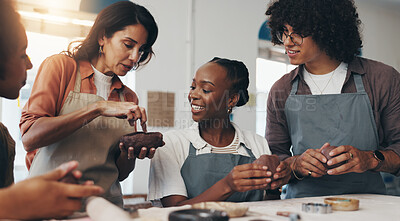 Buy stock photo Woman, pottery and clay with group, course and listening for art, smile and steps with process for results. People, coach and advice for creativity, sculpture and learning with diversity in class