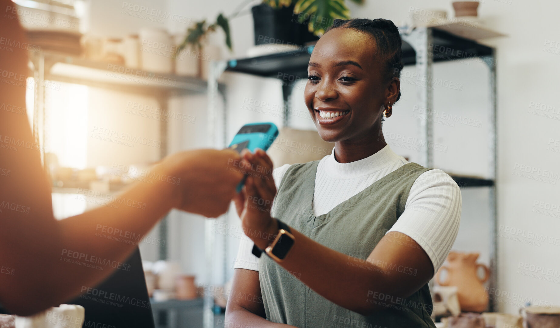 Buy stock photo Happy woman, customer and pottery purchase with pos machine for electronic transaction or wireless payment. Female person, employee or smile with credit card tap for buy or shopping at ceramic store