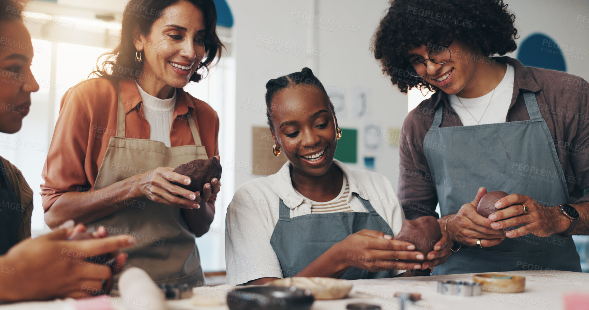Buy stock photo Woman, pottery and teacher with group, smile and sculpture for art, development or process for results. People, coach and advice for creativity, excited or learning with diversity in course at studio