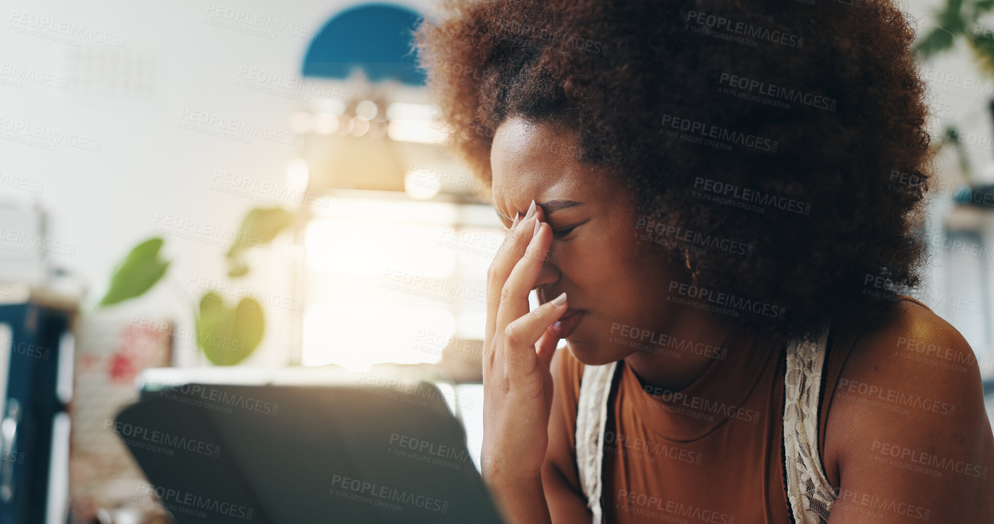 Buy stock photo Frustrated woman, tablet or ceramic store with headache for mistake, wrong order or supplier issue at shop. Female person, employee or small business owner with migraine on technology for stock delay