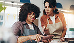 Woman, man and pottery teacher at class, advice and sculpture for art, help and process for results. People, coach and support for creativity, listening and learning with tools in course at workshop