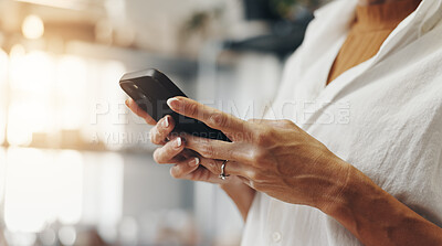 Buy stock photo Person, hands and phone in small business for contact., social media update and ecommerce in boutique. Entrepreneur, store owner and typing on mobile for networking, online shopping and 