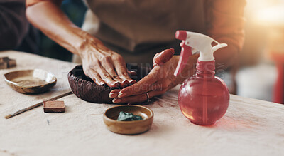 Buy stock photo Hands, pottery and clay for design, bowl and process with tools, water or talent in workshop. Person, artist and creativity with sculpture, project or mold for manufacturing product at small business