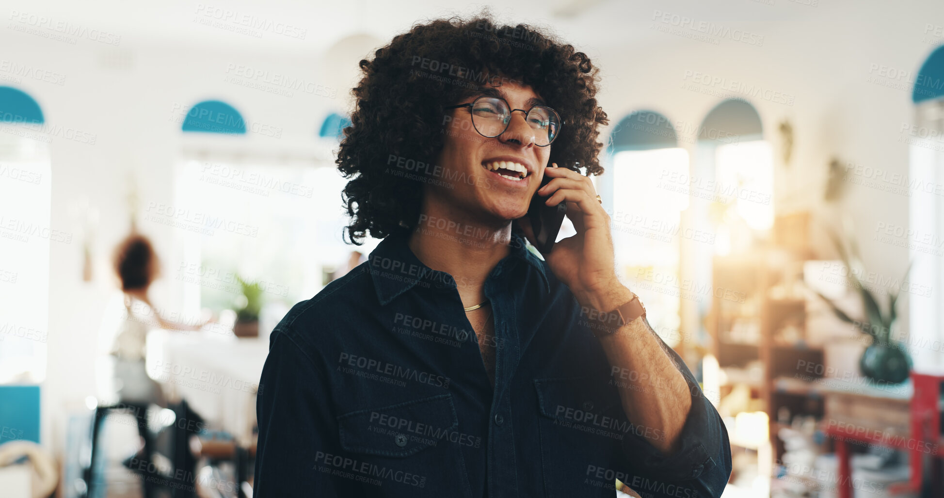 Buy stock photo Happy, phone call and relax with man in cafe for communication, conversation and morning. Smile, networking and customer review with person in coffee shop for mobile, hospitality and contact